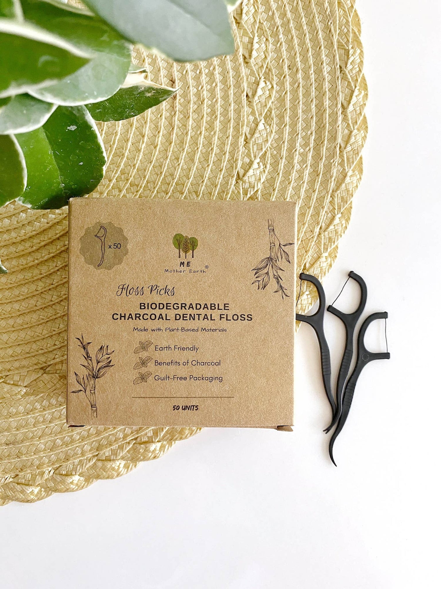 Biodegradable Charcoal Dental Floss Picks | 50-Pack